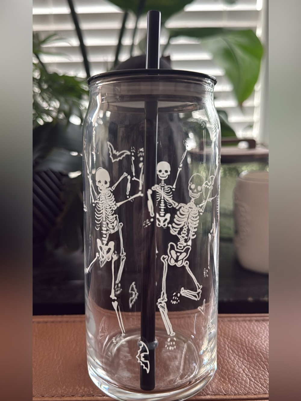 Pack of 2 Clear Skeleton Glass Tumbler with Black Lid and Straw